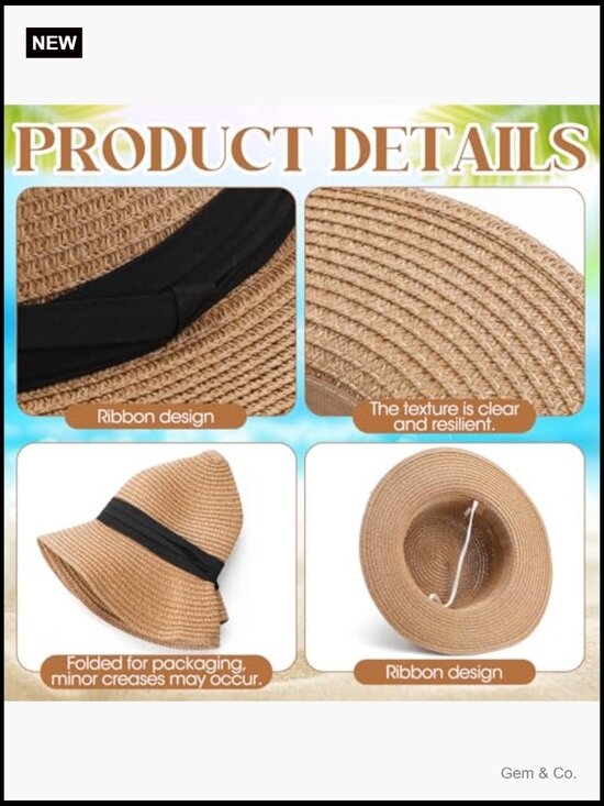 3 Straw Boater Sun Hats Foldable Wide Brim Beach Hat Pack